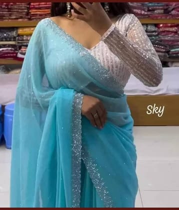 Today Deal Georgette Embellished Saree With Unstitched Blouse Piece ( Light Blue )