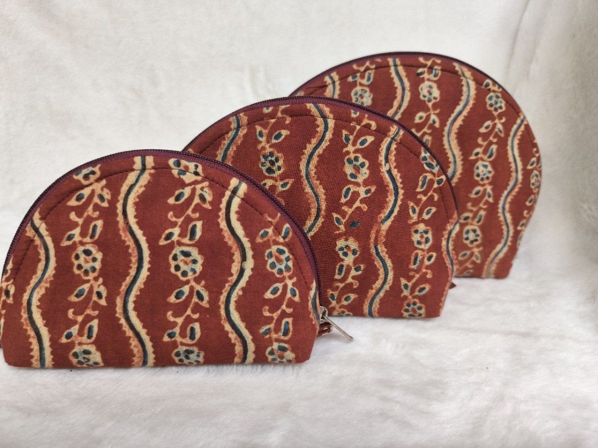 Floral Print Cotton Zipper Pouch Set (Set of 3) | Ethnic Motif Design | Travel & Daily Organization