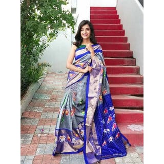 Grey Checked Printed Ikkat Printed Saree