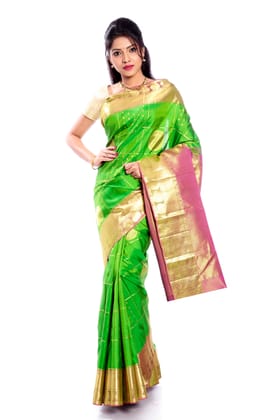Green Kanchipuram Silk Saree with Chakra + Peacock Motifs
