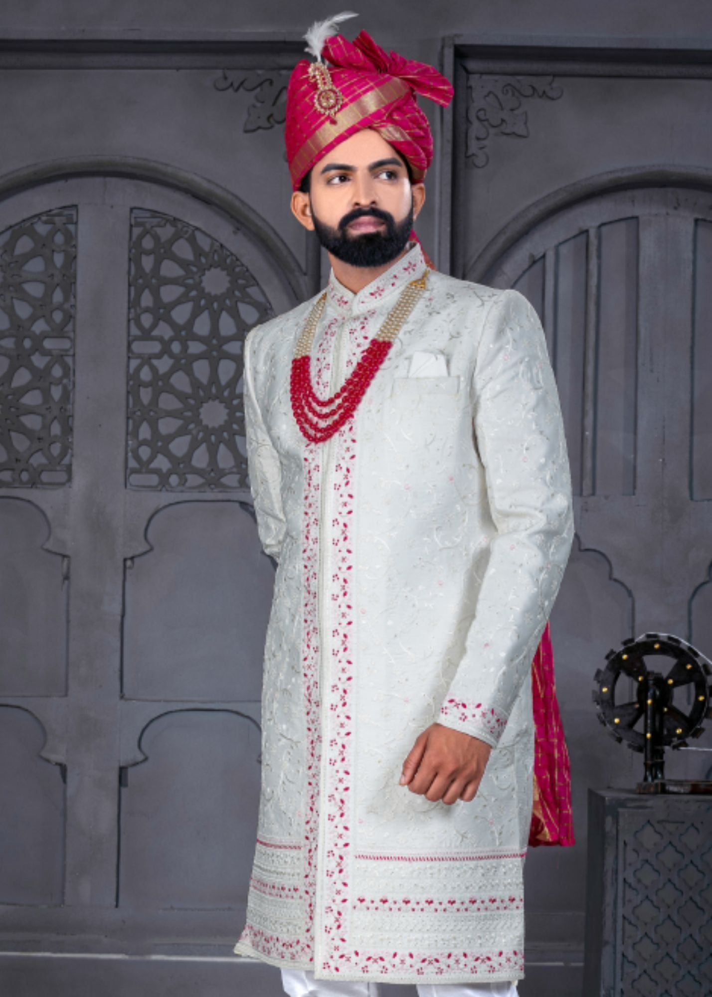 White and Pink Designer Sherwani for Groom-S