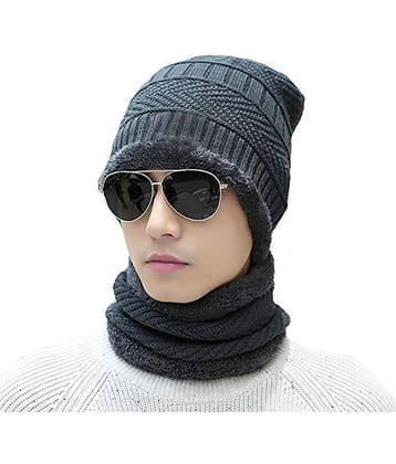 PENYAN Men's Gray Woolen Cap with Neck Muffler/Neckwarmer