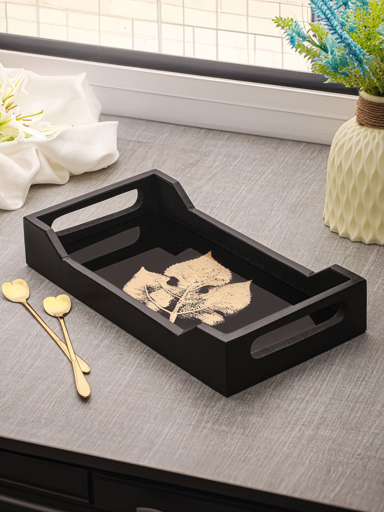 Autumn Leaf Wooden And Glass Serving Tray