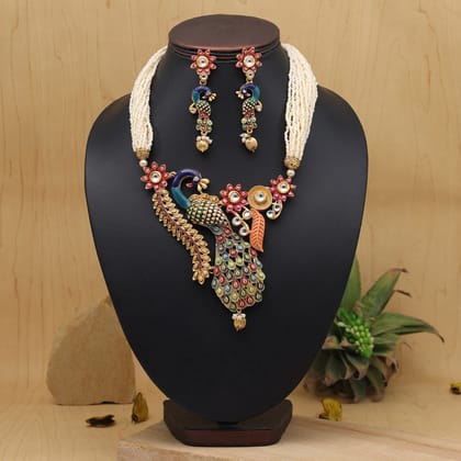 Multi Color Peacock Inspired Meenakari Rajwadi Matte Gold Necklace Set-Length: 26.00 CM x Width: 9.00 CM / Gold / Alloy With Good Quality Matte Gold Plated