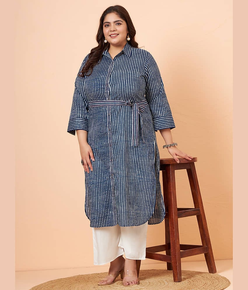 Tissu Cotton Striped Kurti With Palazzo Women's Stitched Salwar Suit - Navy ( Pack of 1 )