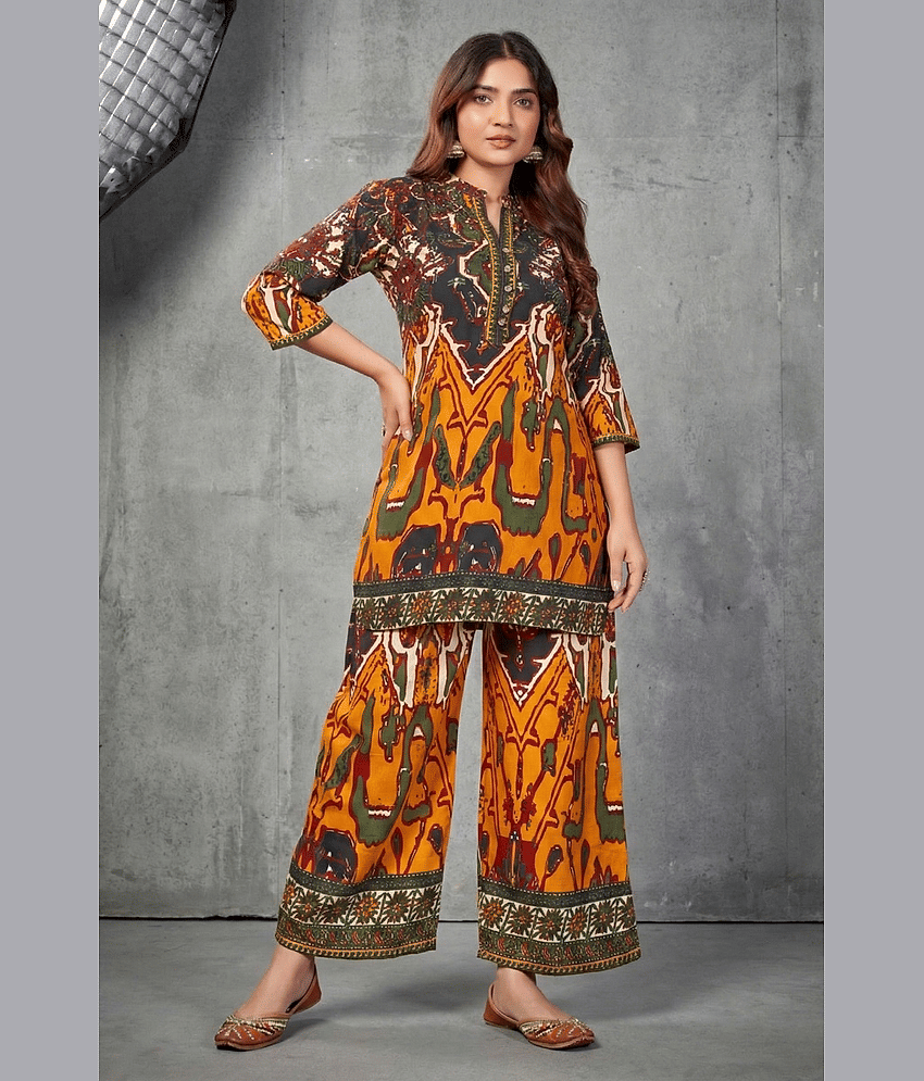 VANVAAM Women Printed Top With Palazzos Co-Ord Set ( Mustard )