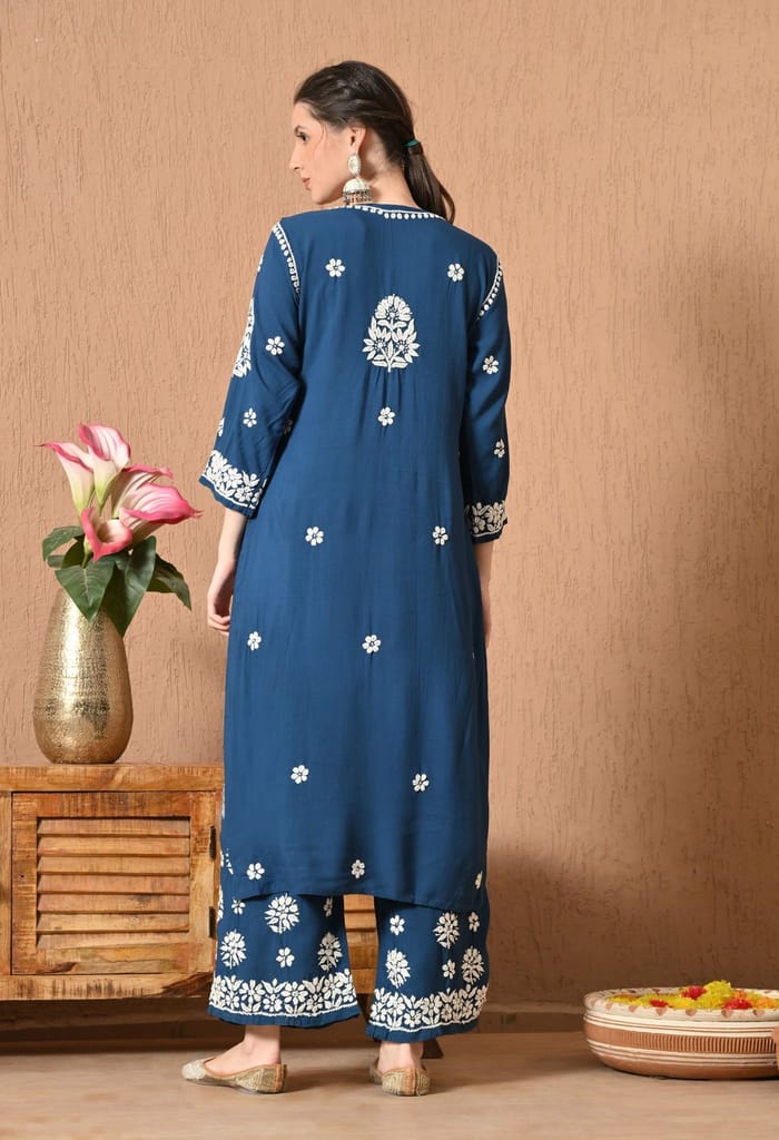 Hand Embroidered Chikankari Rayon Plazo Set - Teal