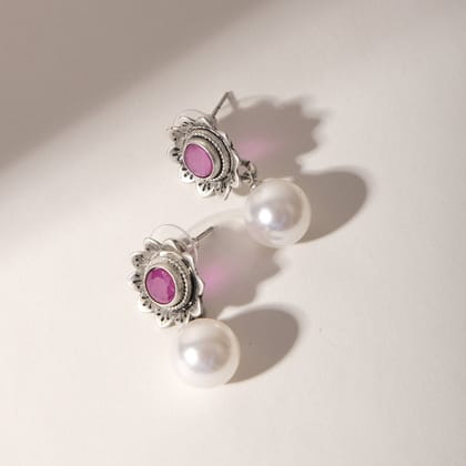 Floral Pearl Drop Earrings-Ruby