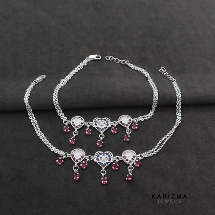 Real Sterling Silver Indian women handmade pretty gift pink CZ Anklets Ankle Pair 9.5"