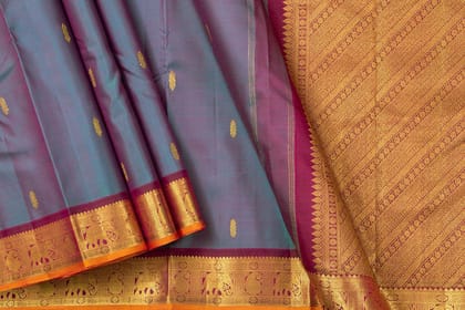 Blue And Magenta Kanchipuram Silk Saree With Medium Border Handwoven Pure Silk For Festive Wear PV J 560