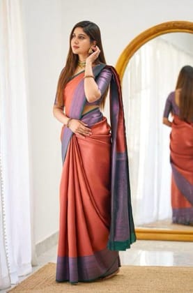 Women's Soft Lichi Silk Printed Saree With Unstitched Blouse 5.5Mtr (Orange)-PID63636