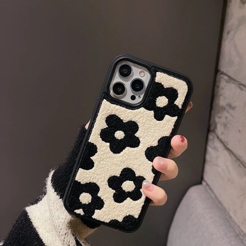 White Black Winter Fabric Fur Plush iPhone Silicone Case-iPhone 14 Pro Max
