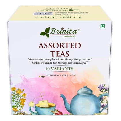Brinita Assorted Herbal Tea Box | 10 Variants x 1 Sachet | Ayurvedic Hand-Blended Herbal Teas | Ashwagandha, Moringa, Turmeric, Blue Pea, Slim Detox & More | No Artificial Flavours, No Added Sugar | Gift Set