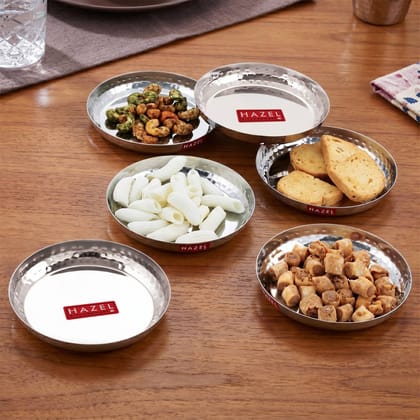 HAZEL Stainless Steel Small Plate 15.5 cm, Pack of 6 , Hammered Finish Side Wall Round Steel Thali for Snack Plate for Daily Use Home, Office & Restaurant