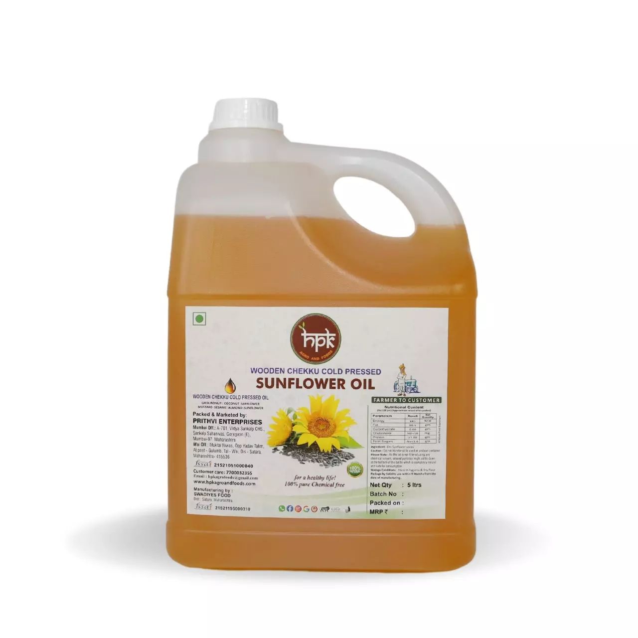 HPK Agro and Foods Sunflower Oil 5L – Pure Cold Pressed Cooking Oil
