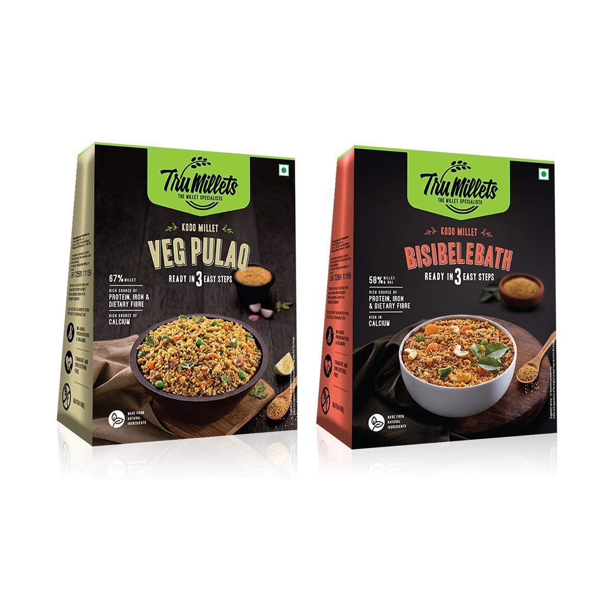 Trumillets | Healthy Millet Meals | Ready to Cook |Bisibelebath 200g Each (Pack of 1) and Veg Pulao 200g Each (Pack of 1)