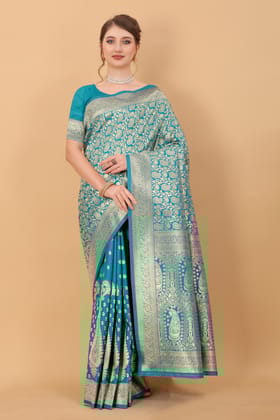 Yavira silk Women's Blue Handwoven Silk Blend Saree