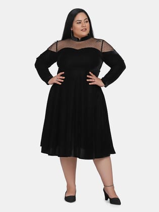 Illusion Neck  Velvet Party Dress for Women- Black-M