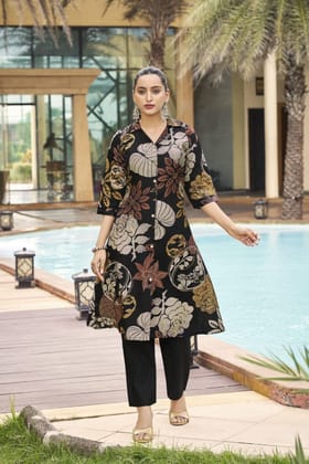 Elegant Black Cotton Cord Set with Modern Printed Design-BLACK / XL