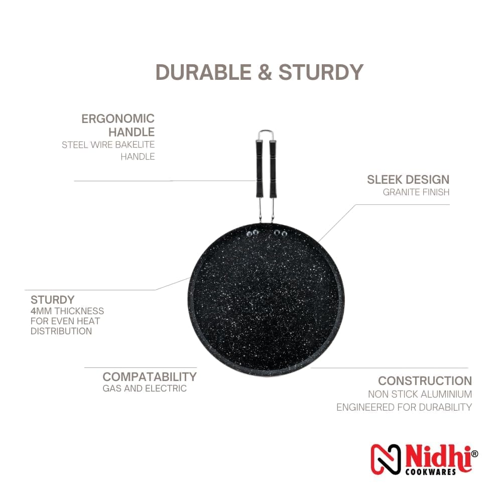 N NIDHI Delta Flat Tawa | 300mm Diameter | 4mm Thickness | Steel Wire Backelite Handle