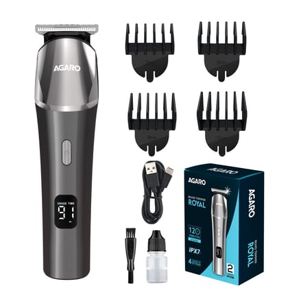 AGARO Royal Beard Trimmer For Men, Hair Trimming, High Precision Trimmer, Cordless, 4 Length Setting Combs, Self Sharpening Stainless Steel Blade, Metal Body, Fast Charging, 120 Minutes Usage, Silver AGARO Royal Beard Trimmer For Men, Hair Trimming, High