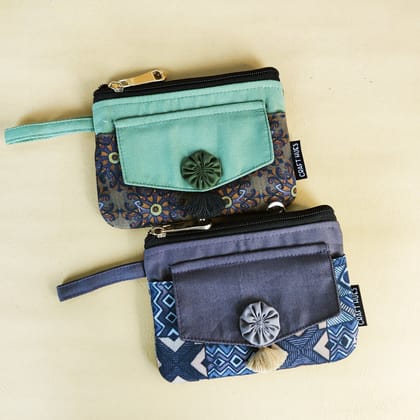 Front Flap Mini Wallet - Grey madhubani / Green Knot