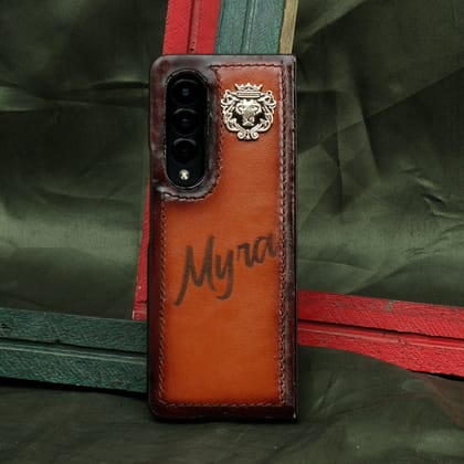 Bespoke "MYRA" Initial Tan Darker Scritto laser Leather Mobile Cover By Brune & Bareskin-Fold 2