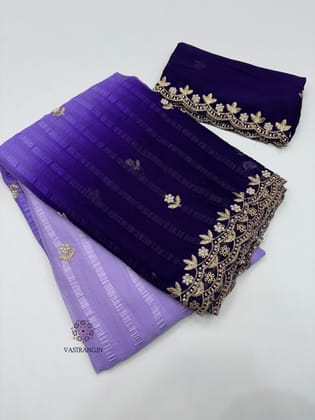 New Partywear Pedding Purple Color Chiffon Emboridery n Hand Work Fancy Designer Saree With Blouse