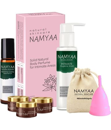 Namyaa Period Care Kit- Feminine Cramp Roll on, Intimate wash, Solid Body Perfumes, Menstrual  (Medium) Cup