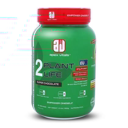 Apex Vitals 2 Plant Life - Natural Vegan Plant Protein Powder | Pea & Brown Rice Isolate|27g Protein, 2000mg BCAA| Easy to Digest |FDA, EFSA & FSSAI Certified |Vegan| Super Chocolate - 2lbs, Shak