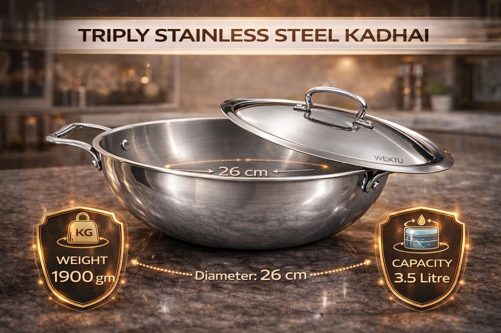 WEKTU Premium Tri-Ply Stainless Steel Kadhai with Lid - Induction & Gas Compatible, Mirror Finish - Cookware | Buy online on ZillyBuy