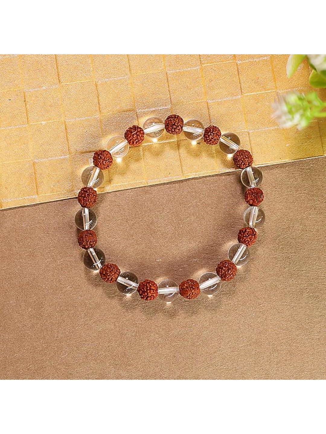NVR Natural Rudraksha & Quartz Beaded Stretchable Bracelet-Onesize / Brown / Beads