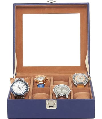 Leather World 8 Watch Box Blue PU Leather Designer Watch Display Case with Lock Closure Travel Bag