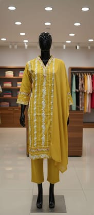 Coordinated Ethnic Suit Mustard Yellow Sets with Cotton Thread Work Embroidery and Print