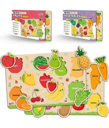 Little Berry Wooden Puzzle Board with Pictures for Kids (Pack of 2): Fruits & Vegetables - Knob & Peg Puzzles Games for Boys, Girls, Preschool Children - Learning & Education Wooden Toy Jigsaw Puzzle Set - Fun & Learn Puzzle Tray With Knob For Kids
