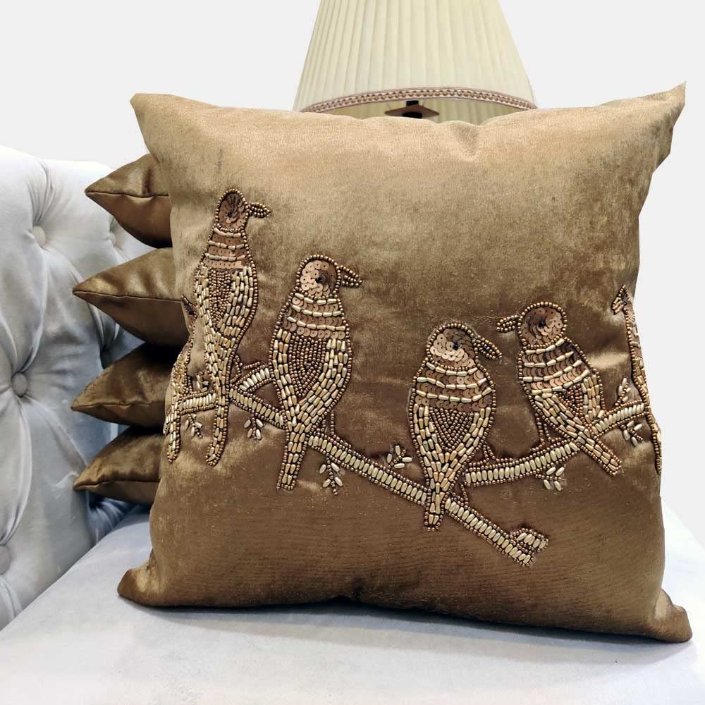 Suede Bronze Brown Set of 5 Ethnic Beaded Embroidered Square Combo Cushion Covers for Sofa Home Bedroom (16x16 inch or 40 x 40 cm) - Ethnic Shoes | Buy online on ZillyBuy