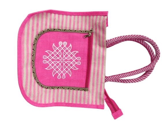 Pink Hand Embroidered Jute Tote Bag with Zipper and Front Pocket
