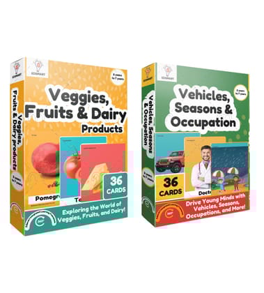 Children Flash Cards - Premium Educational Flashcards Combo of 2 Sets (Veggies, Fruits and Dairy and Second Set Vehicles, Seasons & Occupations)