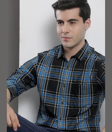 The Indian Garage Co Men Black & Blue Checked Pure Cotton Casual Shirt - None