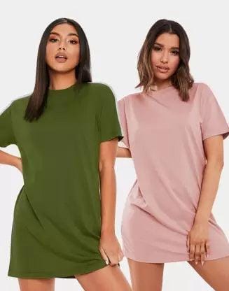 Women Sleeve striped Night Dress - Knee Length Combo (PINK&OLIVE)-S