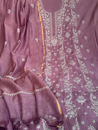 Mul Chanderi Chikankari Unstitched Length with Dupatta - Purple-Purple / Mul Chanderi / Pearl Work