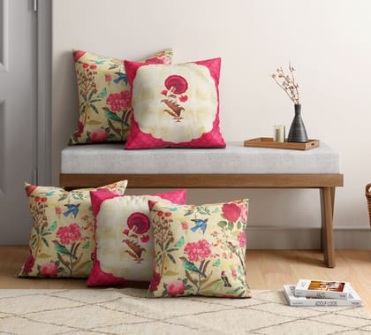 India Circus Poppy Bird Land - Blended Velvet Cushion Cover Set Of 5 - 16 X 16 Inch