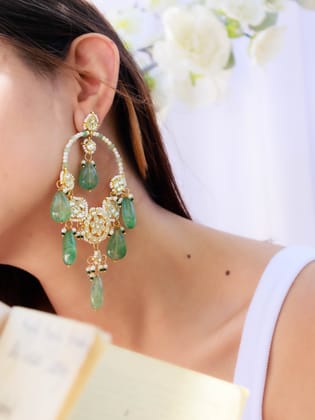 Latika Green Kundan Chandbali Earrings-Green