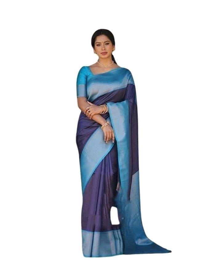 Women's Soft Lichi Silk Printed Saree With Unstitched Blouse 5.5Mtr (Blue)-PID63618