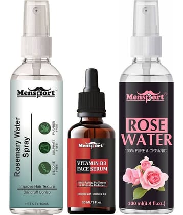Mensport Rosemary Water | Hair Spray For Hair Regrowth 100ml, Vitamin B3 Face Serum Enriched with Vit C & E 30ml & Natural Rose Water 100ml - Set of 3 Items