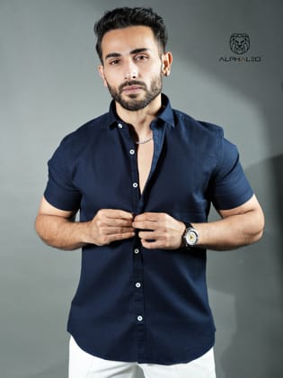 Signature Half Sleeves Stretch Shirt Navy Blue-Small / Navy Blue / Signature Half Sleeves Tapered Stretch Shirt