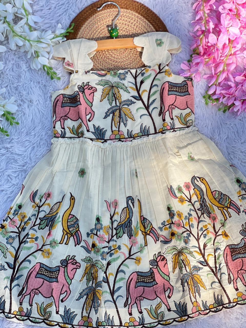 Luxurious Pure Cotton Cow Embroidery Work Kids Frock-Beige / 0-3 Month