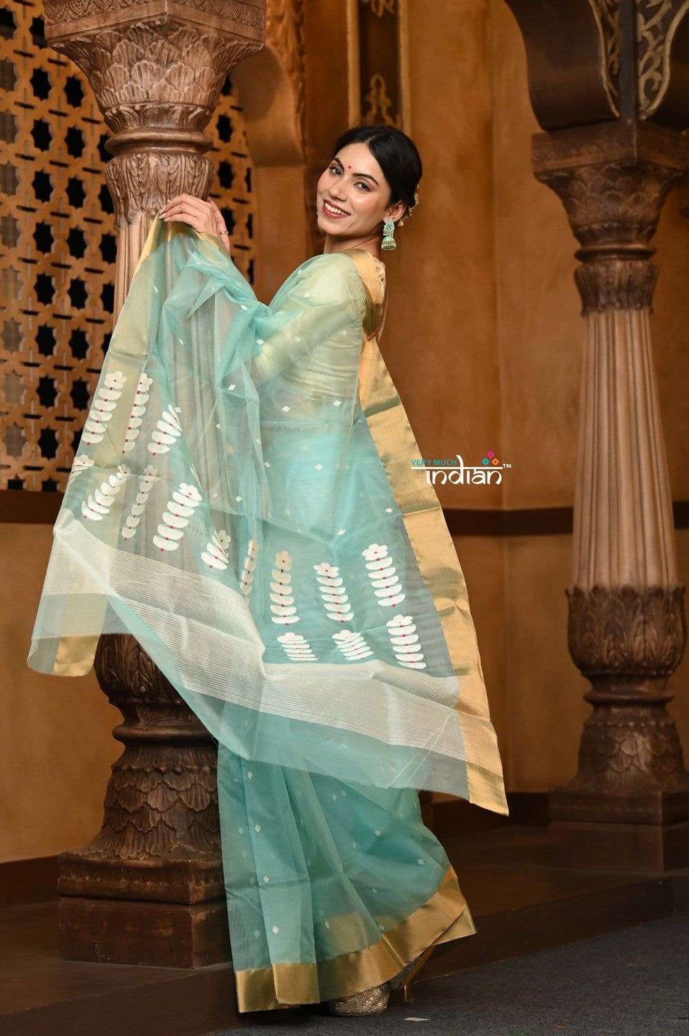 Parampara ~ Pure Silk Chanderi Saree in Exclusive Sea Green with Golden Border