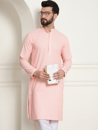 Sojanya (Since 1958) Men's Cotton Embroidered Thread Work Peach Long Kurta-36