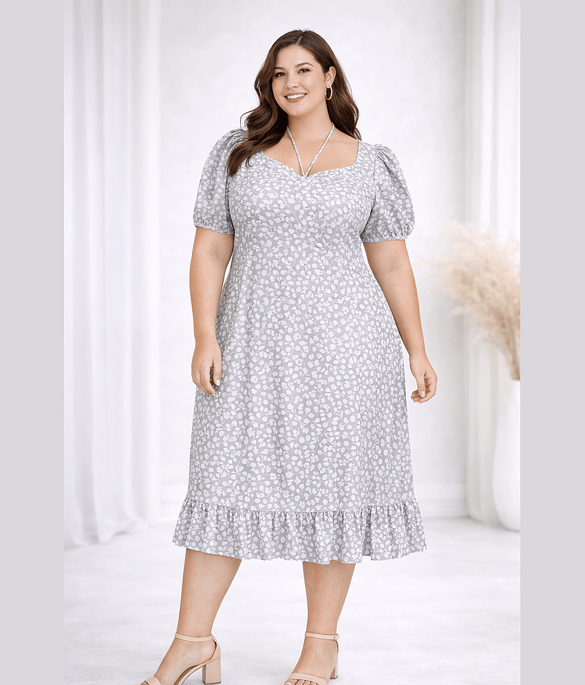 PrettyPlus by Desinoor.com Women Crepe Printed Fit & Flare Dress ( Grey )